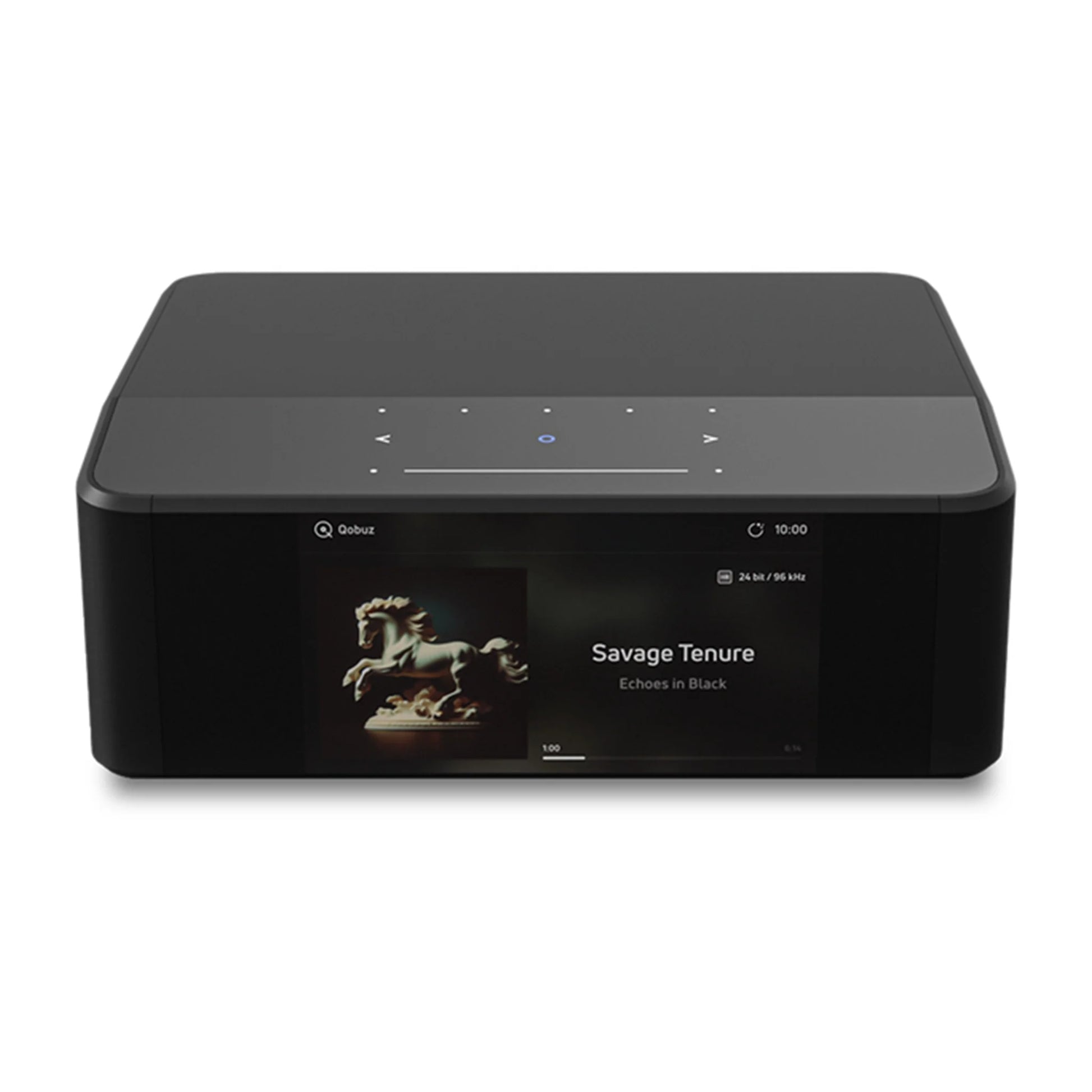 Black audio device with display screen, Bluesound Node Icon Wireless Streaming Music Player
