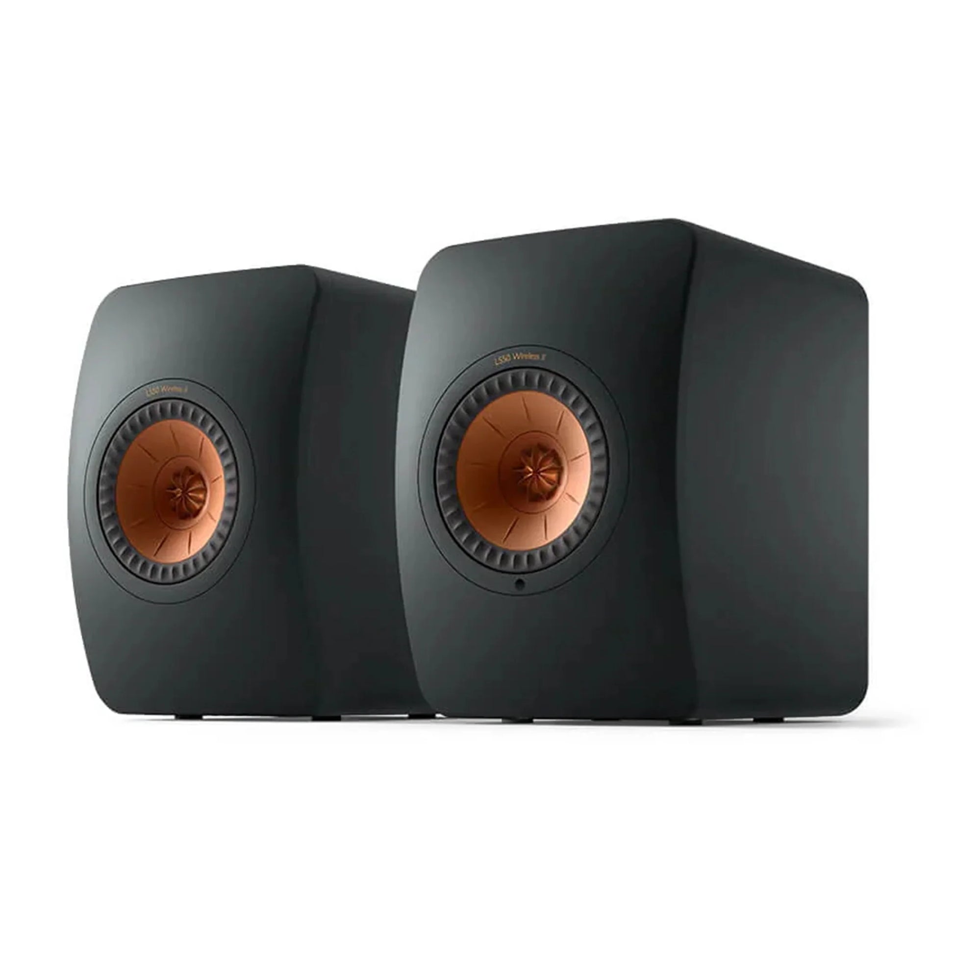 Pair of black speakers with copper accents, KEF LS50 Wireless II Active Hi-Fi Speakers