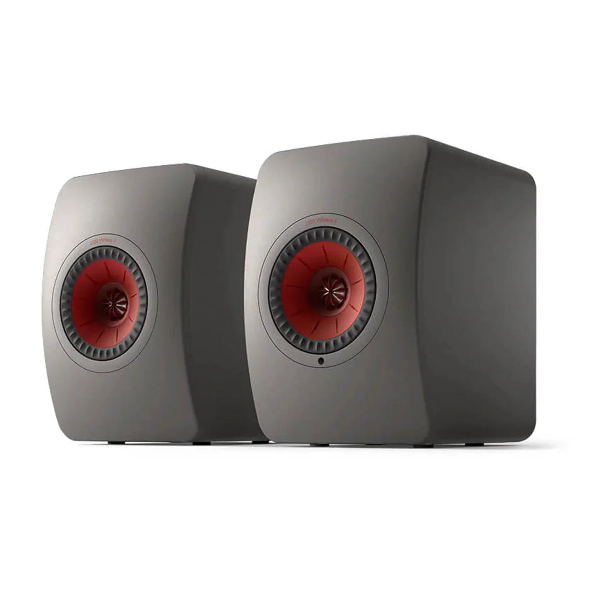 Pair of gray speakers with red centers, KEF LS50 Wireless II Active Hi-Fi Speakers