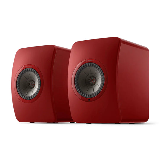 Pair of red speakers, KEF LS50 Wireless II Active Hi-Fi Speakers