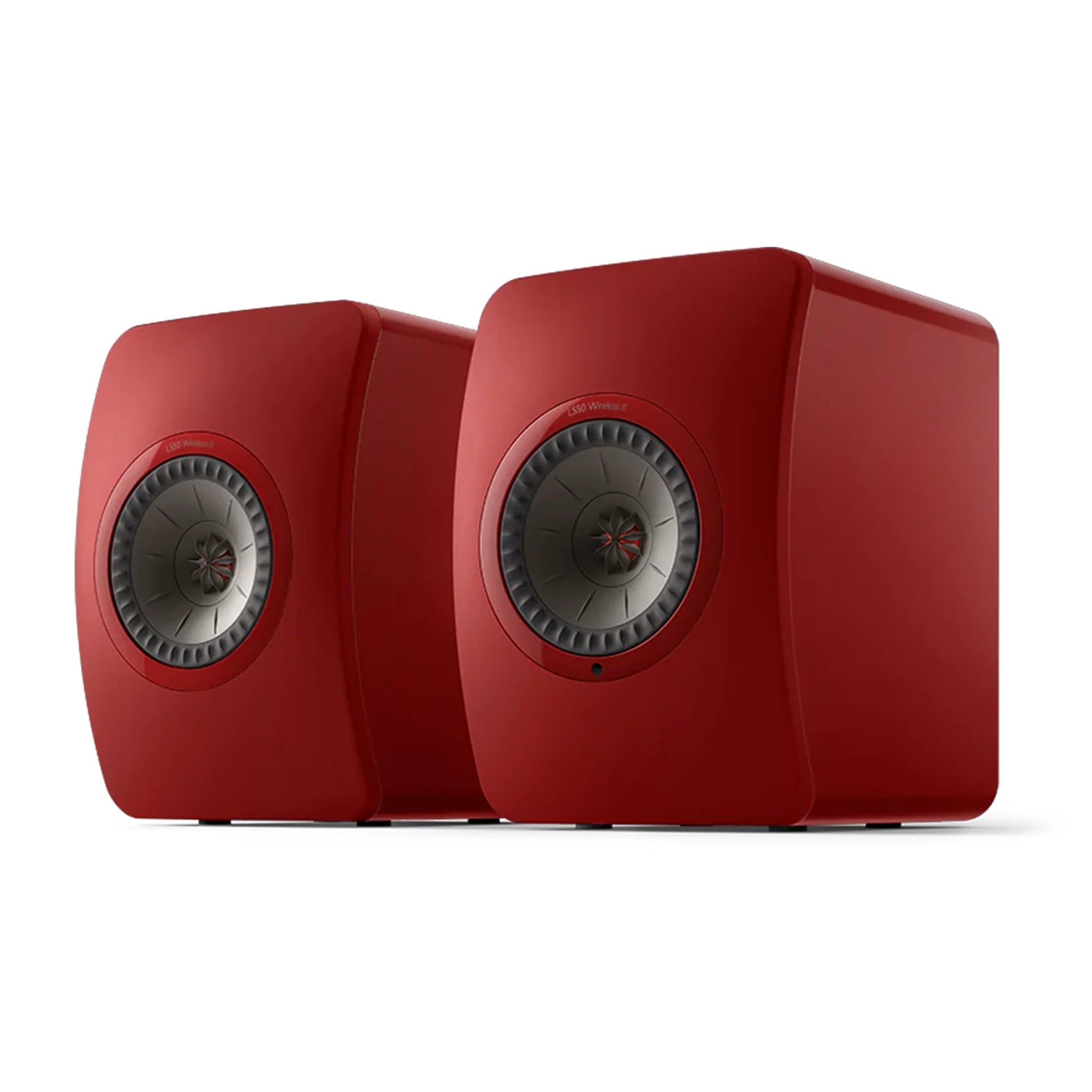 Pair of red speakers, KEF LS50 Wireless II Active Hi-Fi Speakers