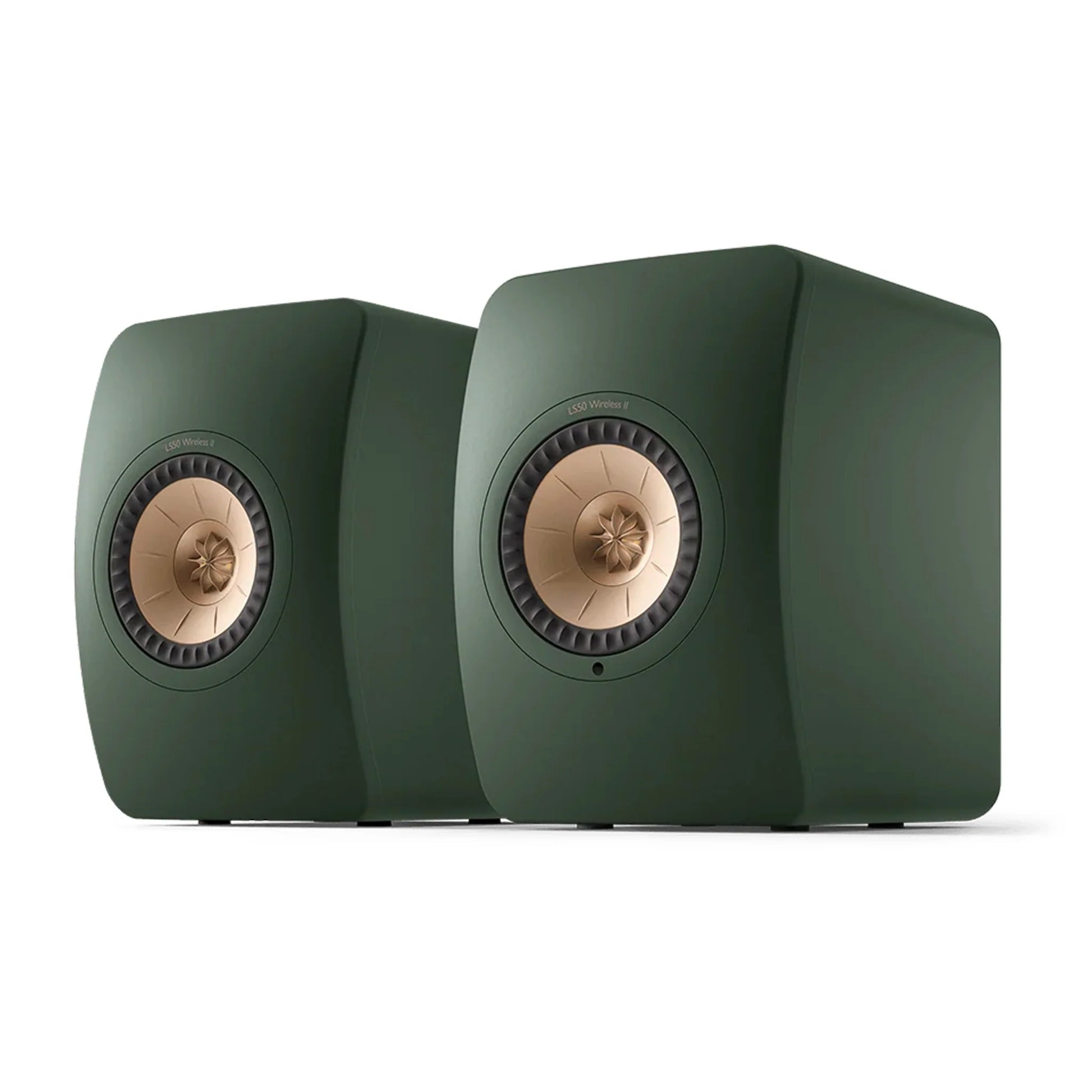 Pair of green speakers with gold centers, KEF LS50 Wireless II Active Hi-Fi Speakers