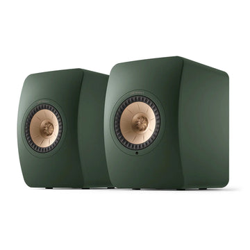 Pair of green speakers with gold centers, KEF LS50 Wireless II Active Hi-Fi Speakers