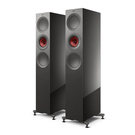 Pair of black floor-standing speakers with red accents, KEF R7 Meta Floorstanding Speakers