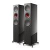 Pair of black floor-standing speakers with red accents, KEF R7 Meta Floorstanding Speakers