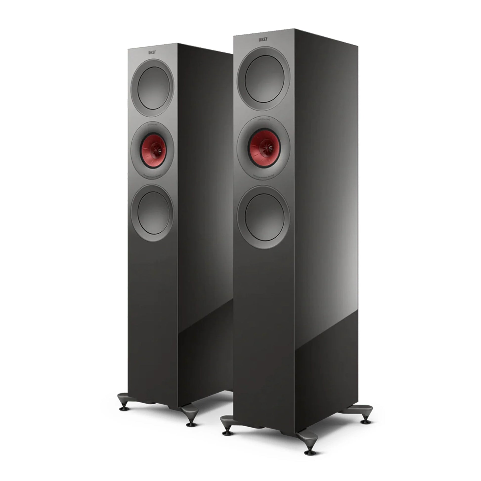 Pair of black floor-standing speakers with red accents, KEF R7 Meta Floorstanding Speakers