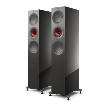 Pair of black floor-standing speakers with red accents, KEF R7 Meta Floorstanding Speakers
