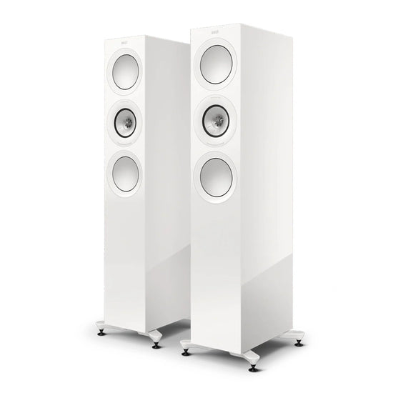 Pair of white floor-standing speakers, KEF R7 Meta Floorstanding Speakers