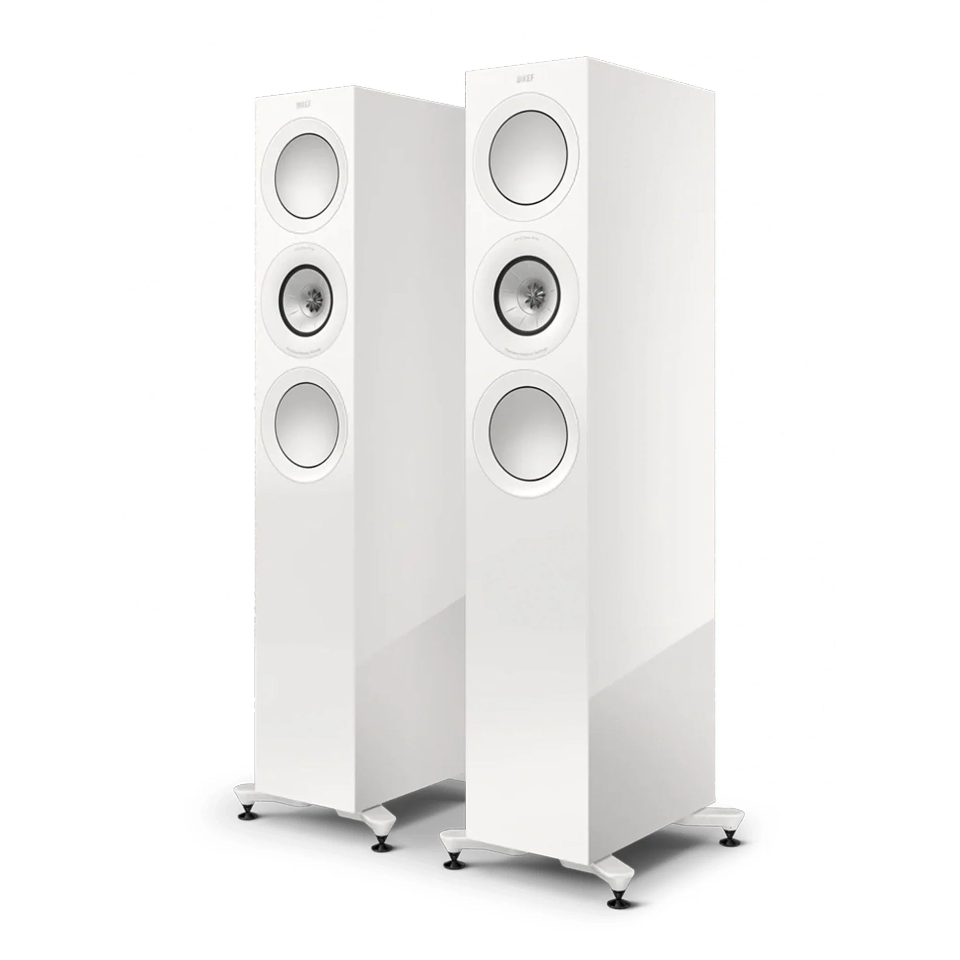 Pair of white floor-standing speakers, KEF R7 Meta Floorstanding Speakers