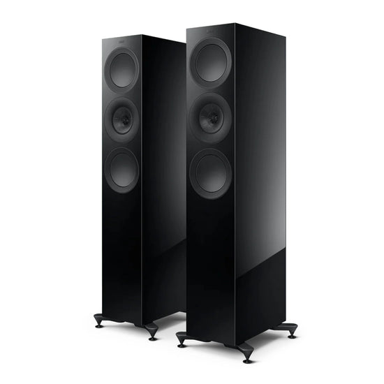 Pair of black floor-standing speakers, KEF R7 Meta Floorstanding Speakers