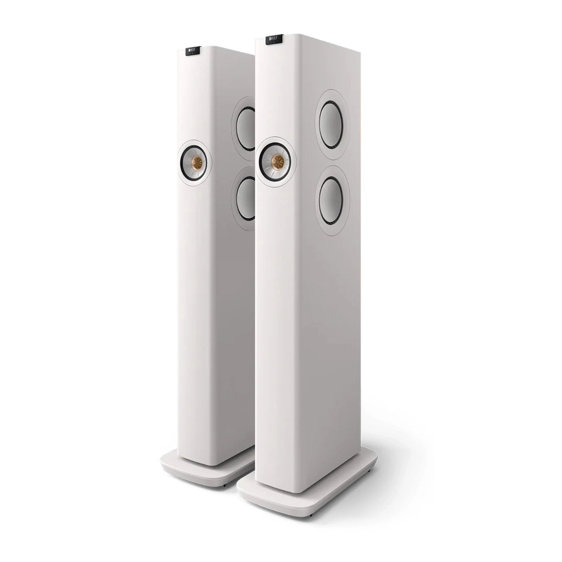 Pair of white floor-standing speakers, KEF LS60 Wireless Active Floorstanding Speakers