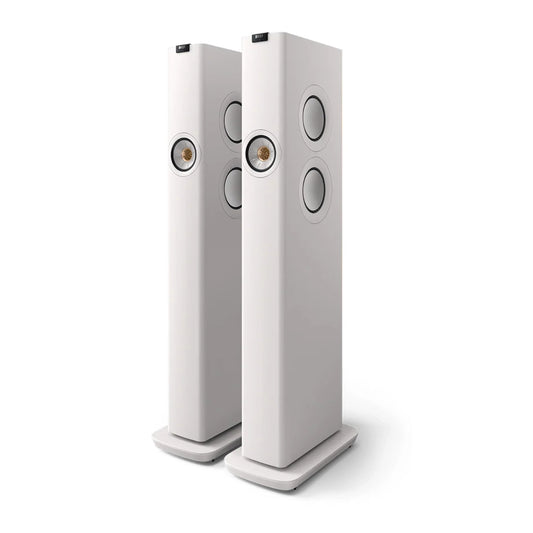 Pair of white floor-standing speakers, KEF LS60 Wireless Active Floorstanding Speakers