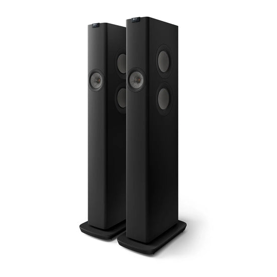 Pair of black floor-standing speakers, KEF LS60 Wireless Active Floorstanding Speakers