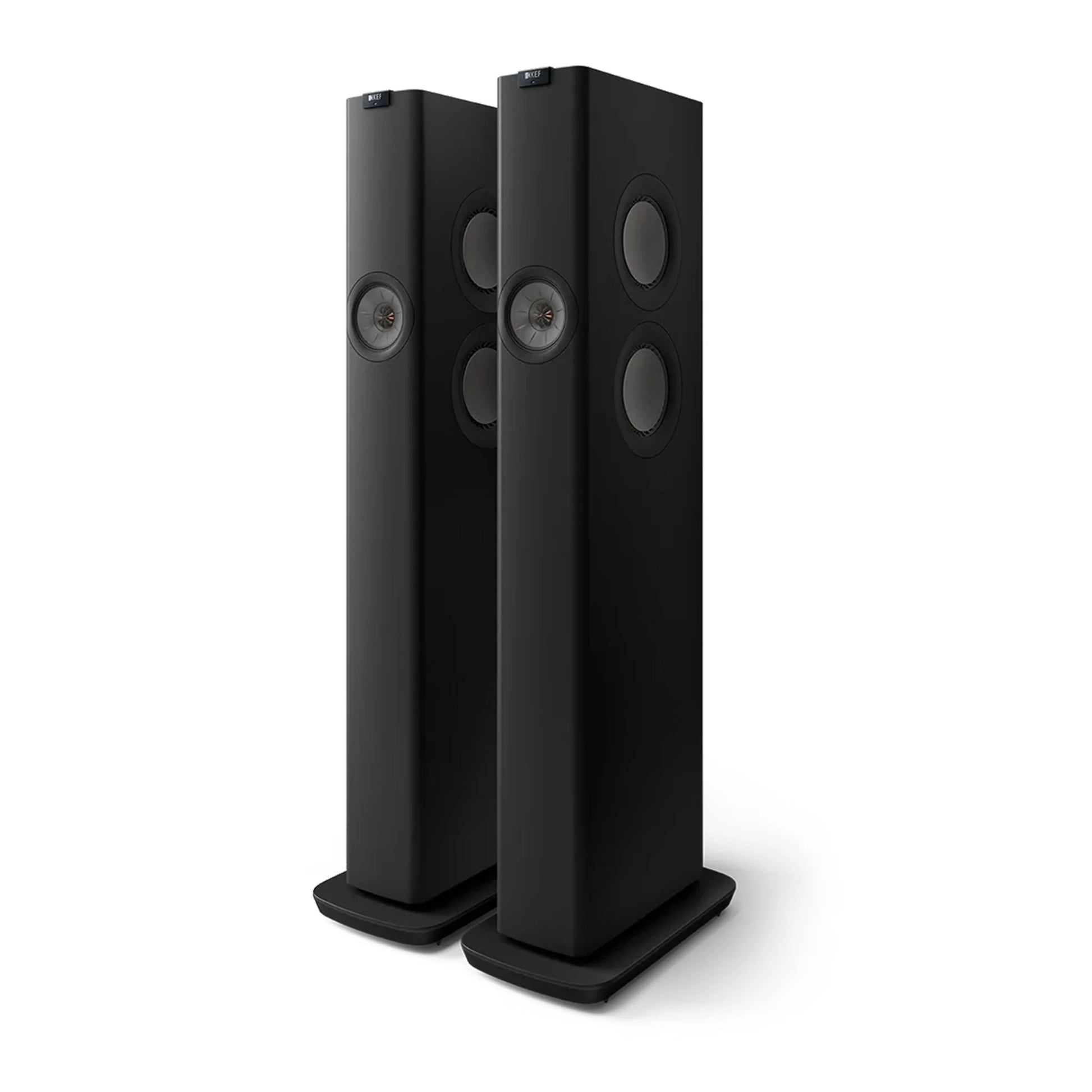 Pair of black floor-standing speakers, KEF LS60 Wireless Active Floorstanding Speakers