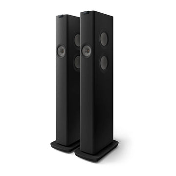 Pair of black floor-standing speakers, KEF LS60 Wireless Active Floorstanding Speakers