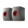 Pair of gray speakers with red centers, KEF LS50 Meta Bookshelf Speakers