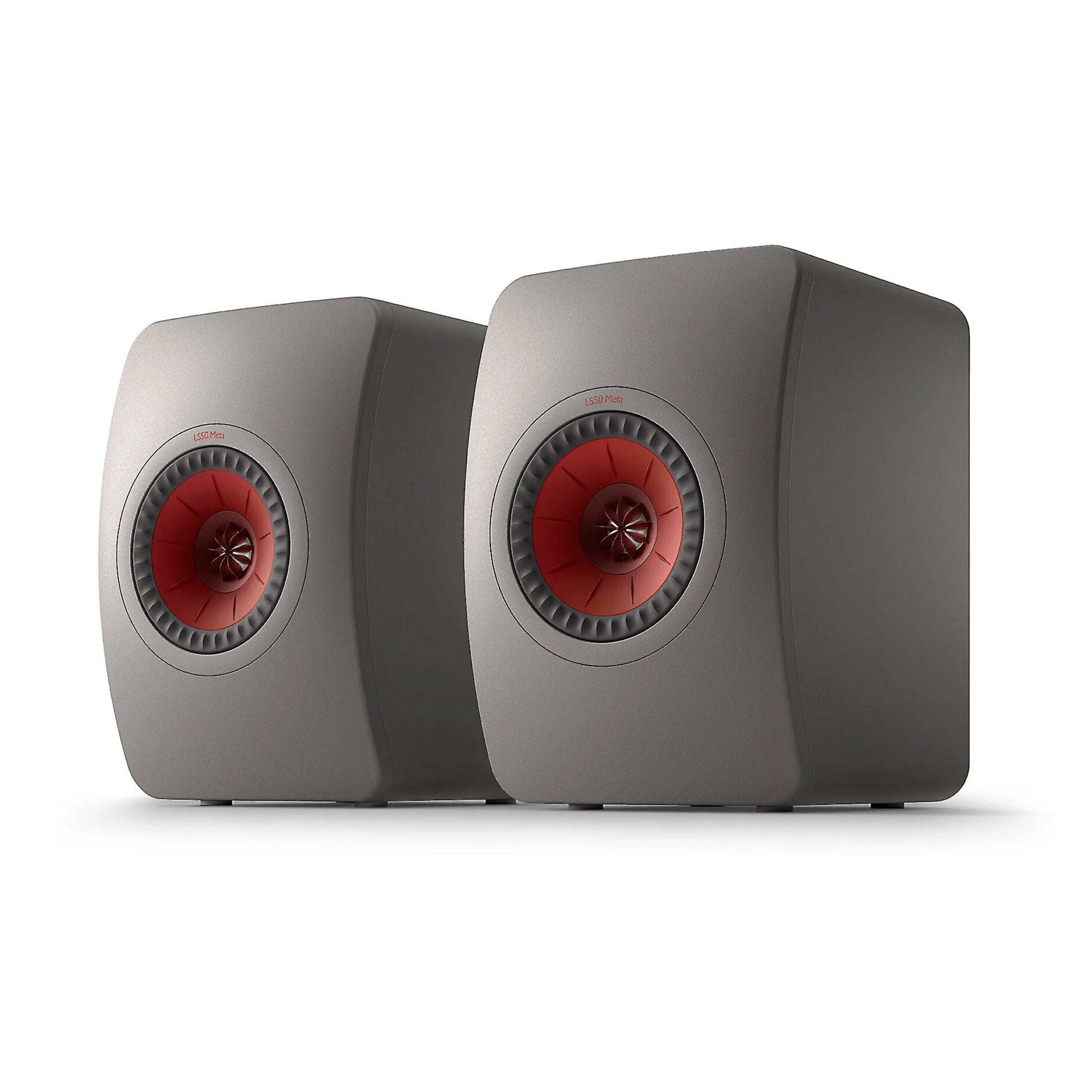 Pair of gray speakers with red centers, KEF LS50 Meta Bookshelf Speakers