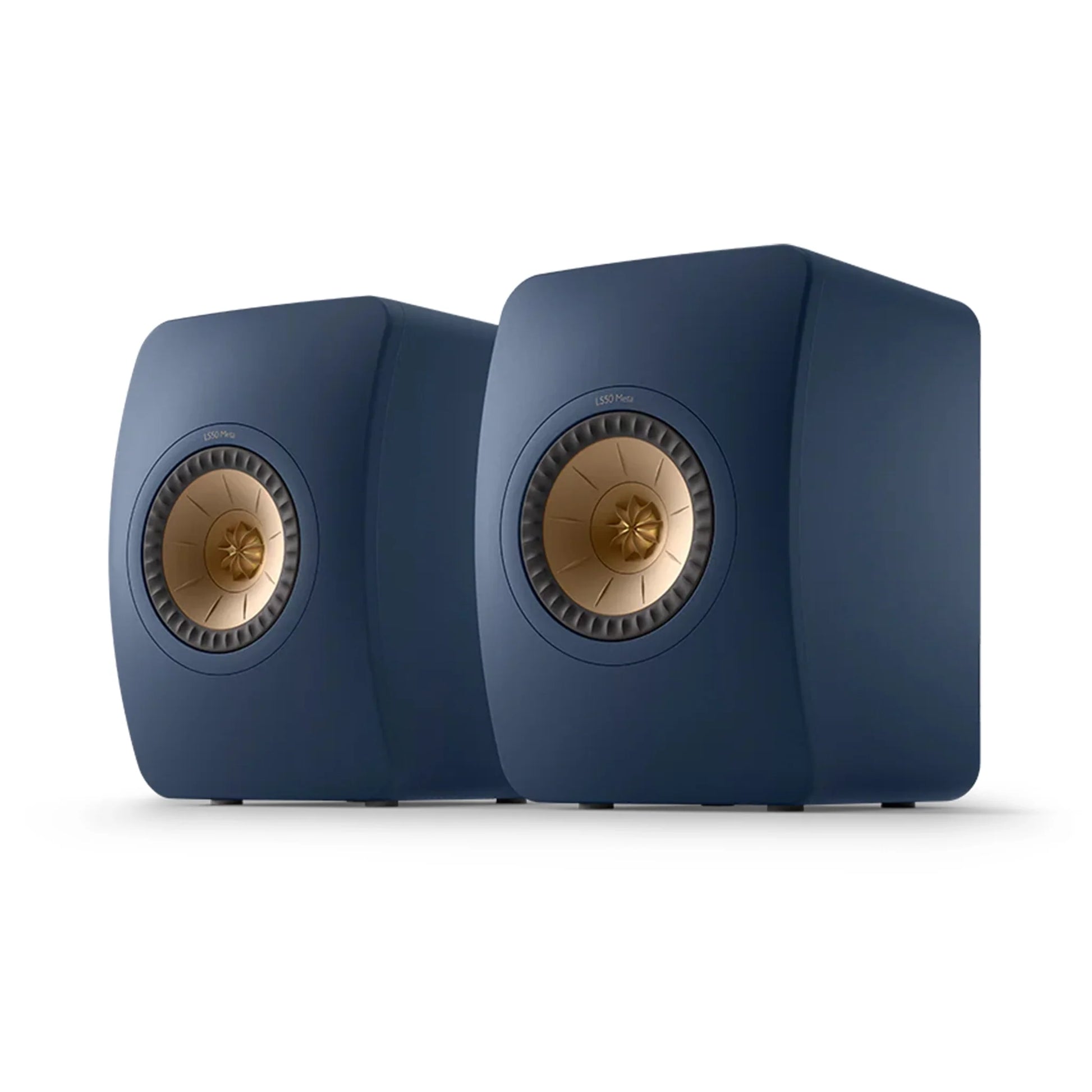 Pair of blue speakers with gold accents, KEF LS50 Meta Bookshelf Speakers