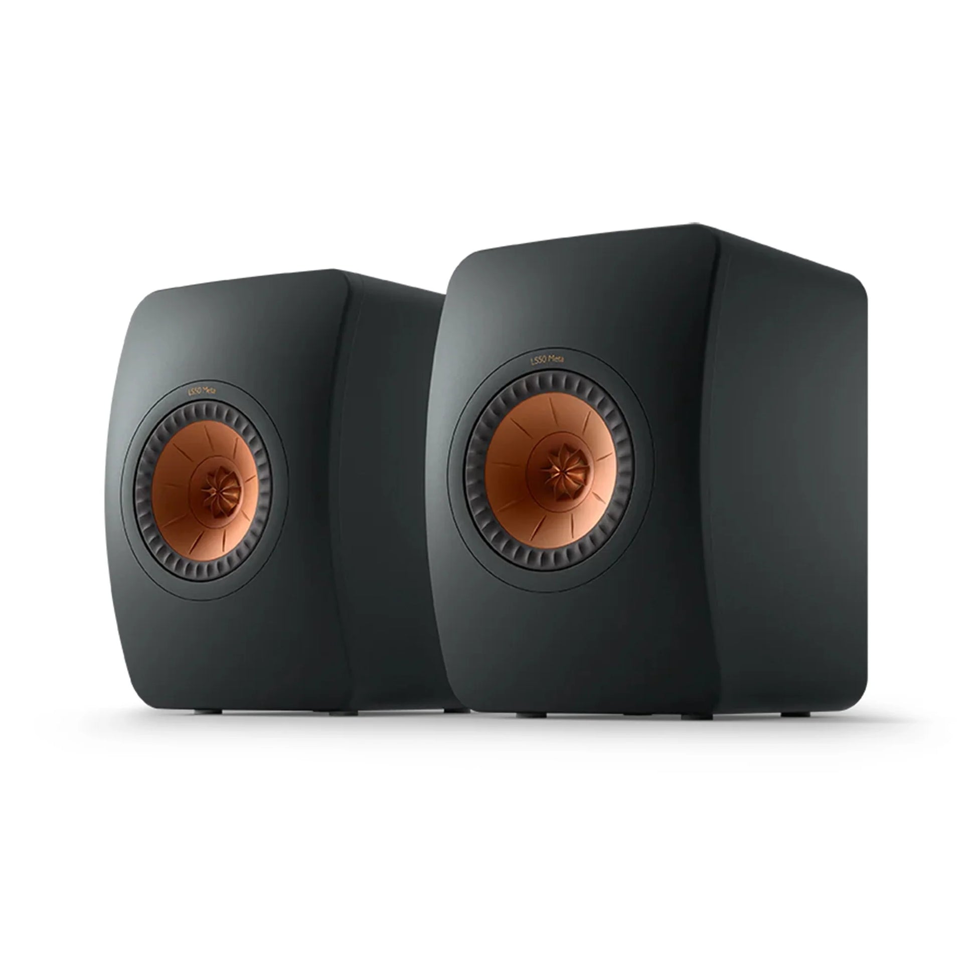 Pair of black speakers with copper accents, KEF LS50 Meta Bookshelf Speakers