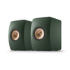 Pair of green speakers with gold centers, KEF LS50 Meta Bookshelf Speakers