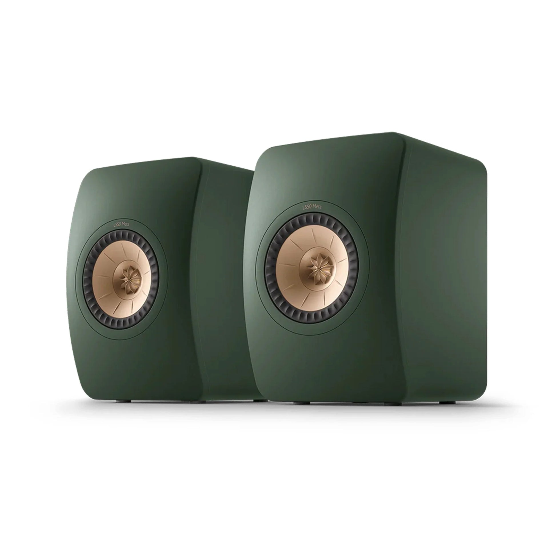 Pair of green speakers with gold centers, KEF LS50 Meta Bookshelf Speakers