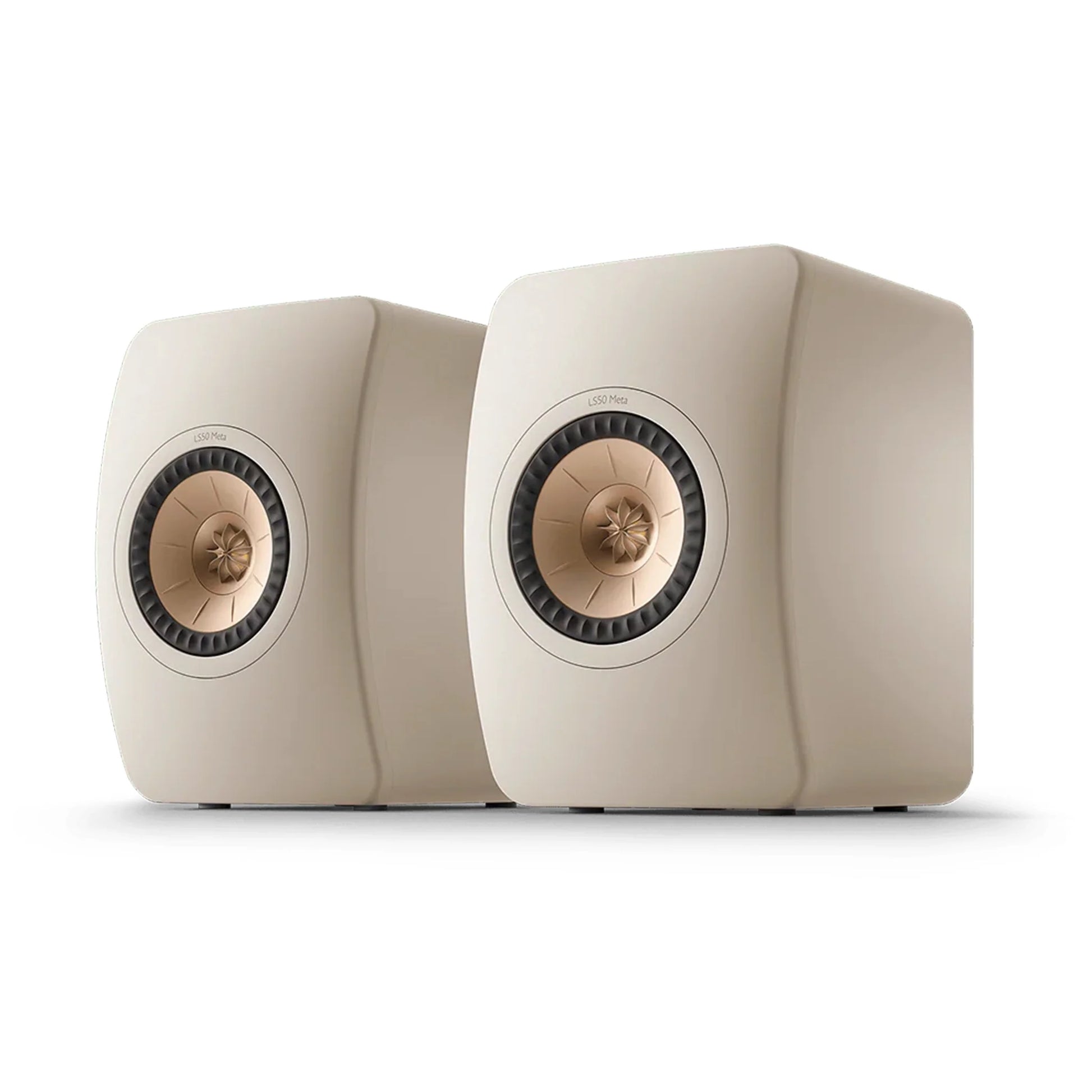 Pair of beige speakers with gold accents, KEF LS50 Meta Bookshelf Speakers