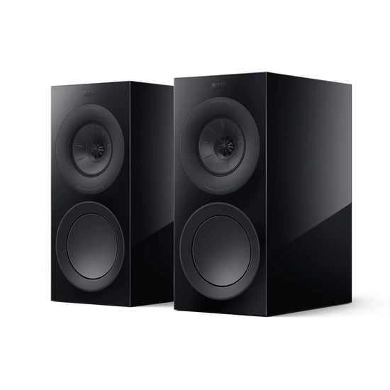 Pair of black speakers, KEF R3 Meta Bookshelf Speakers