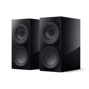 Pair of black speakers, KEF R3 Meta Bookshelf Speakers