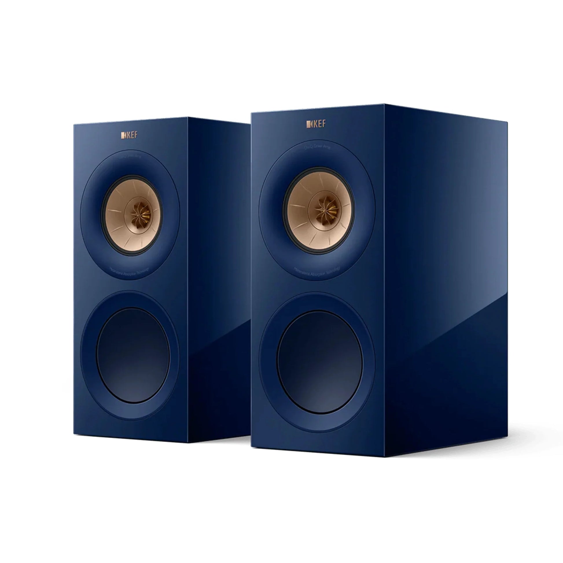Pair of blue speakers with gold interior, KEF R3 Meta Bookshelf Speakers