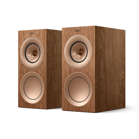 Wooden speakers with beige cones, KEF R3 Meta Bookshelf Speakers