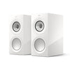 Pair of white speakers, KEF R3 Meta Bookshelf Speakers