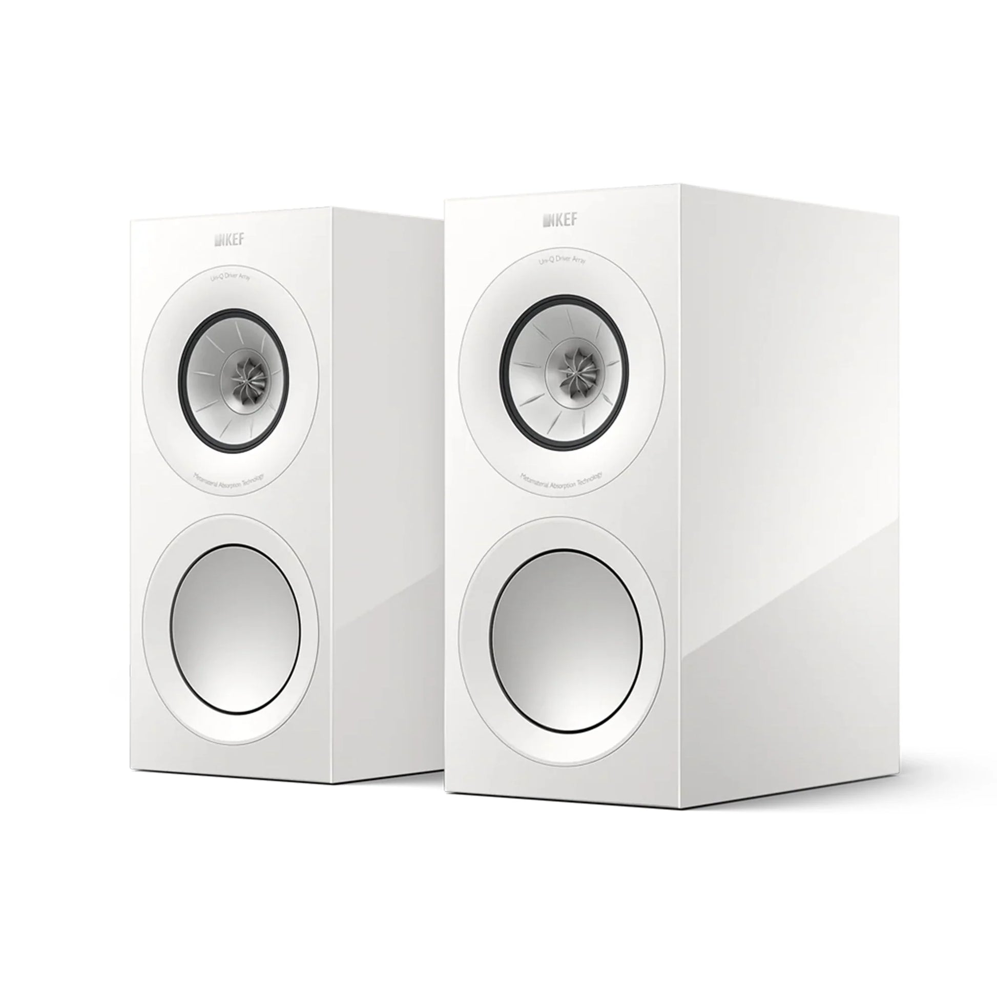 Pair of white speakers, KEF R3 Meta Bookshelf Speakers