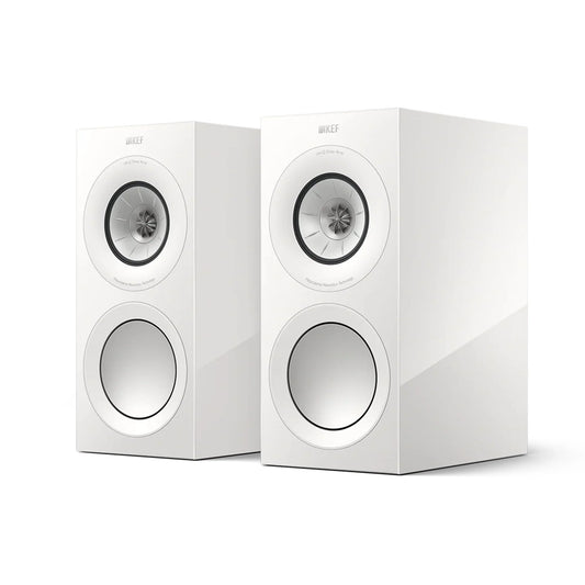 Pair of white speakers, KEF R3 Meta Bookshelf Speakers