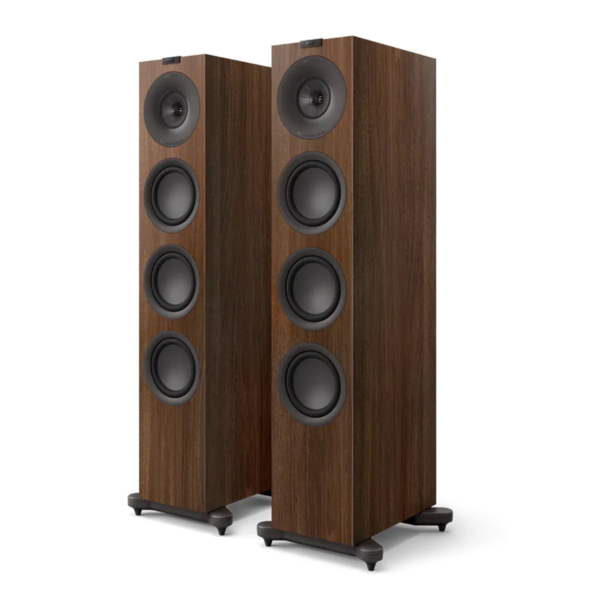 Pair of wooden speakers with multiple drivers, KEF Q11 Meta Floorstanding Speakers