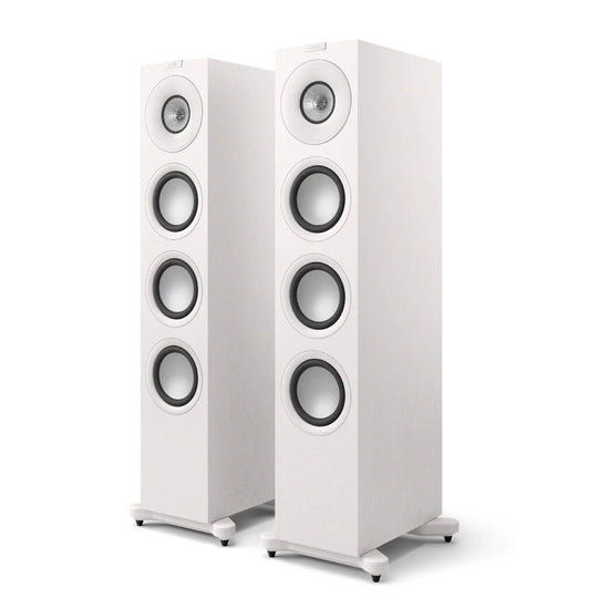 Pair of white floor-standing speakers, KEF Q11 Meta Floorstanding Speakers