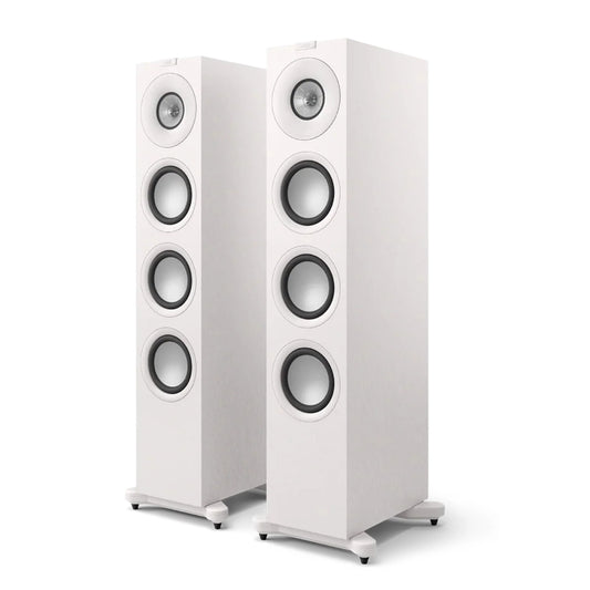Pair of white floor-standing speakers, KEF Q11 Meta Floorstanding Speakers