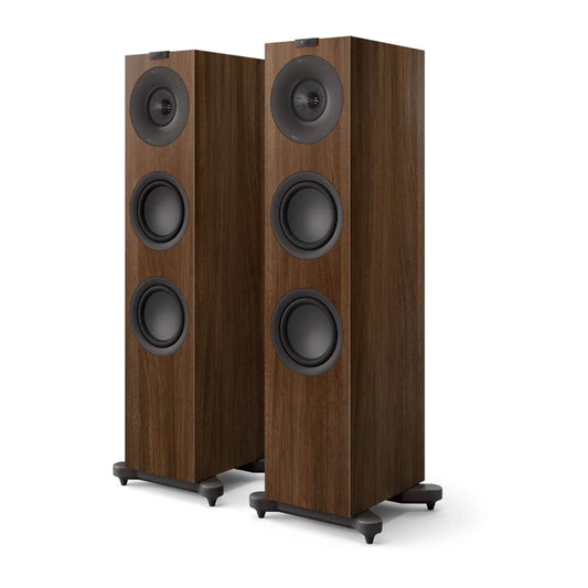 Pair of wooden speakers with multiple drivers, KEF Q7 Meta Floorstanding Speakers