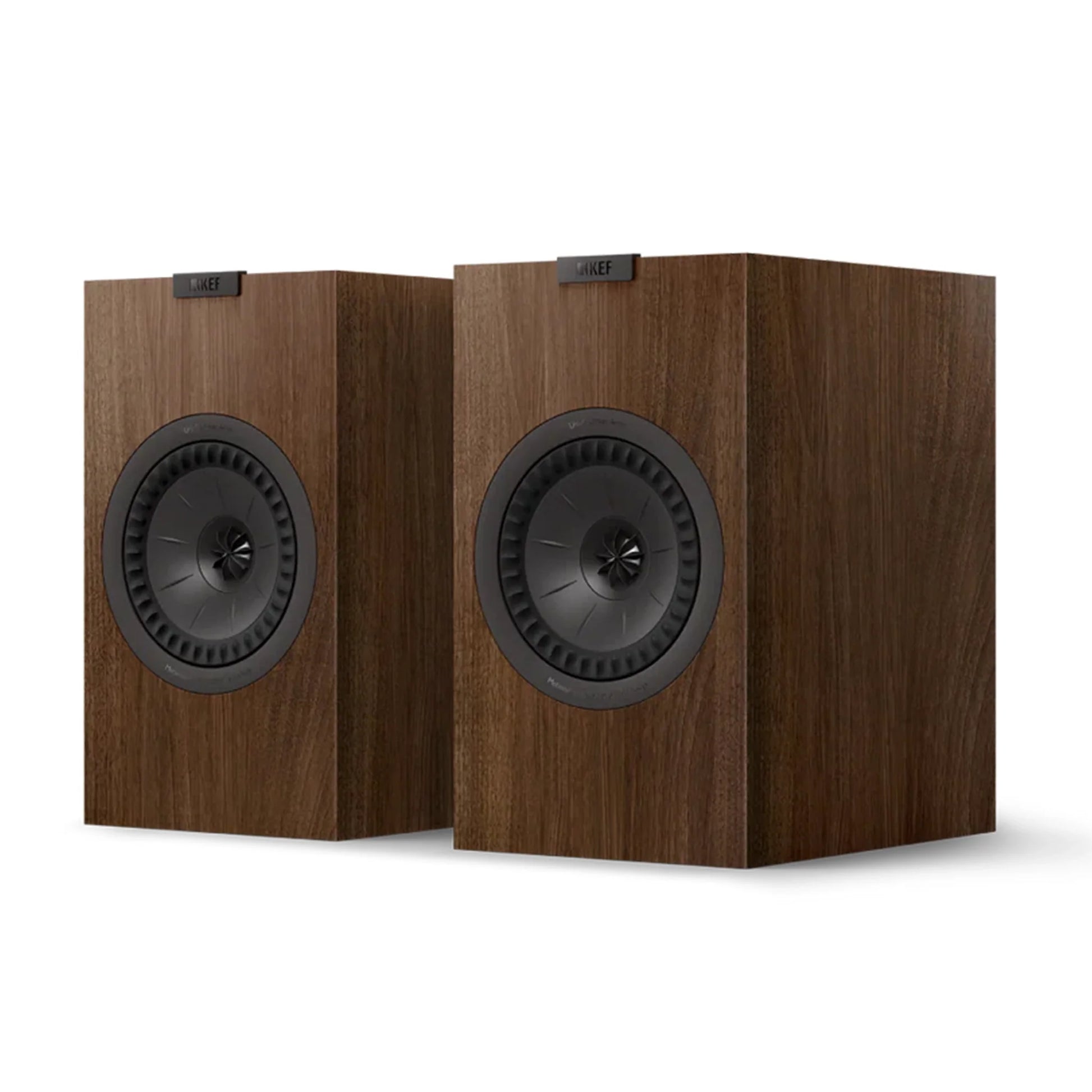 Pair of wooden speakers with black grills, KEF Q3 Meta Bookshelf Speakers
