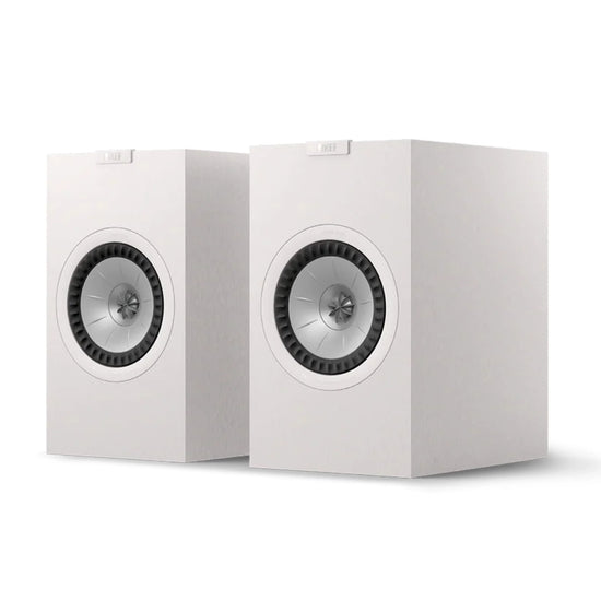 Pair of white speakers, KEF Q3 Meta Bookshelf Speakers