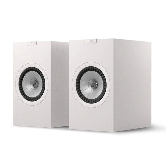 Pair of white speakers, KEF Q3 Meta Bookshelf Speakers