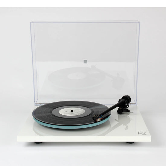 White turntable with clear dust cover, Rega Planar 2
