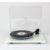 White turntable with clear dust cover, Rega Planar 2